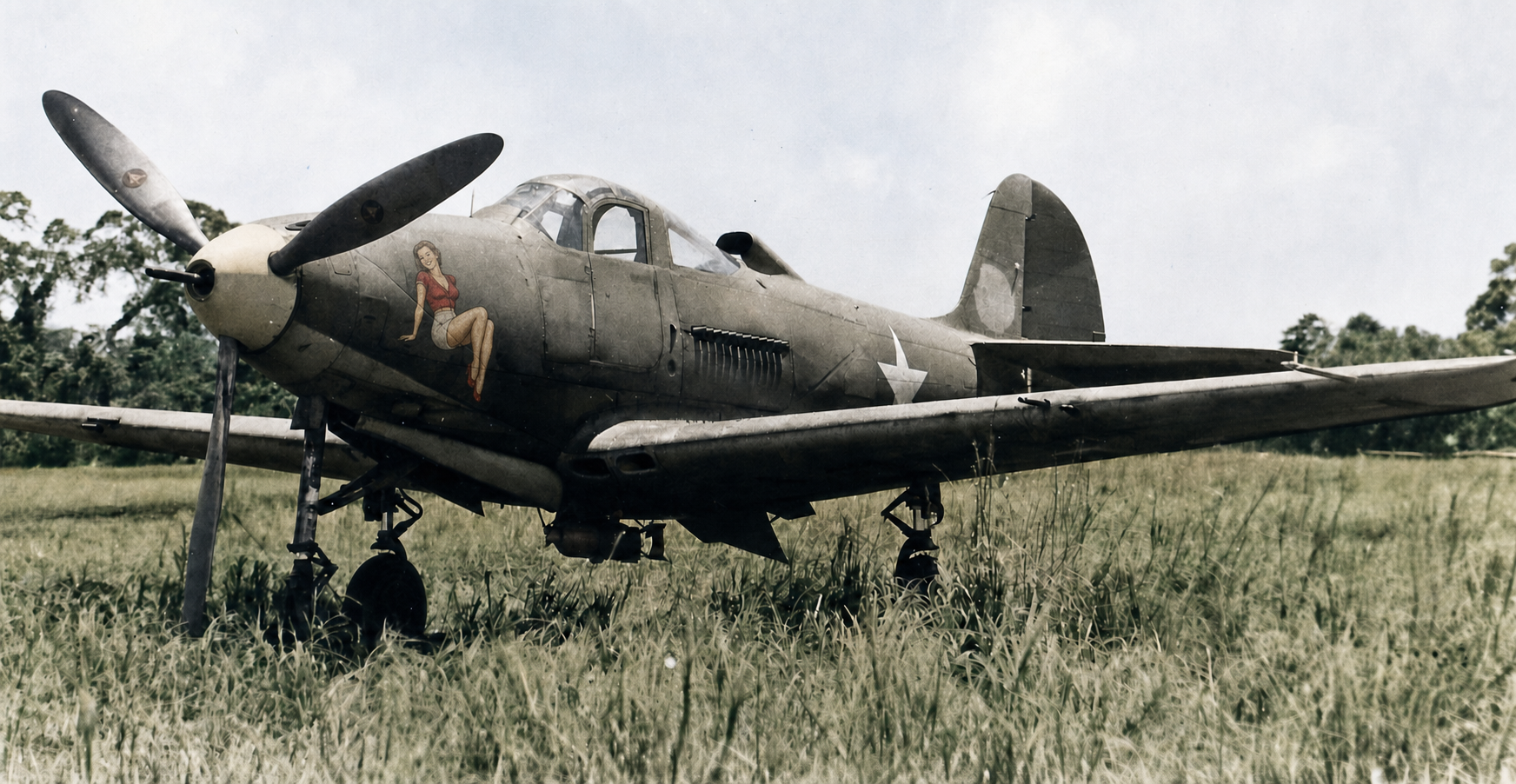 Koloriertes historisches Flugzeug mit Pin-up-Nose-Art